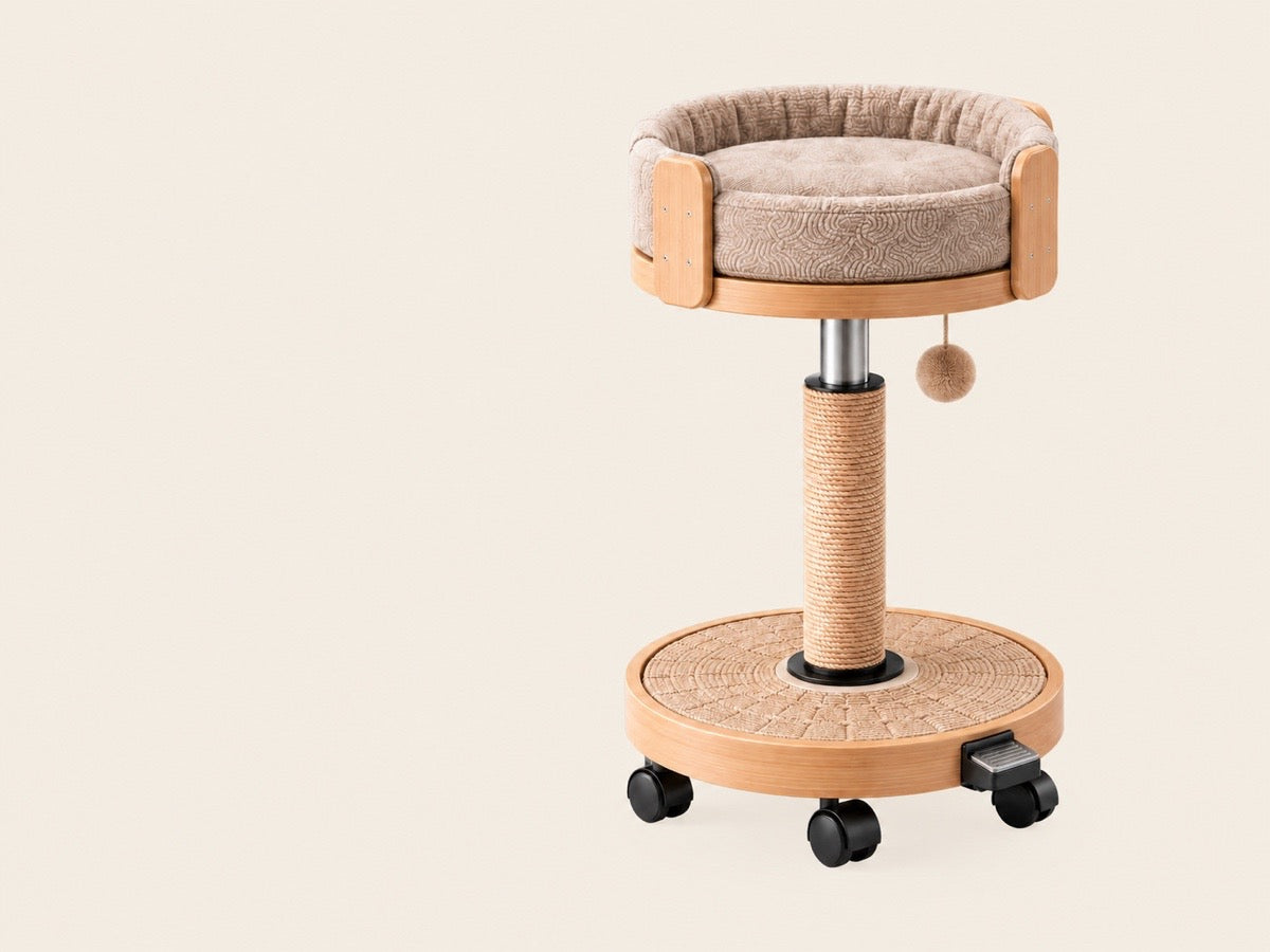 A development-focused view of the current Kufucat concept, including the raised bed, rolling base, pedal, and hanging toy.