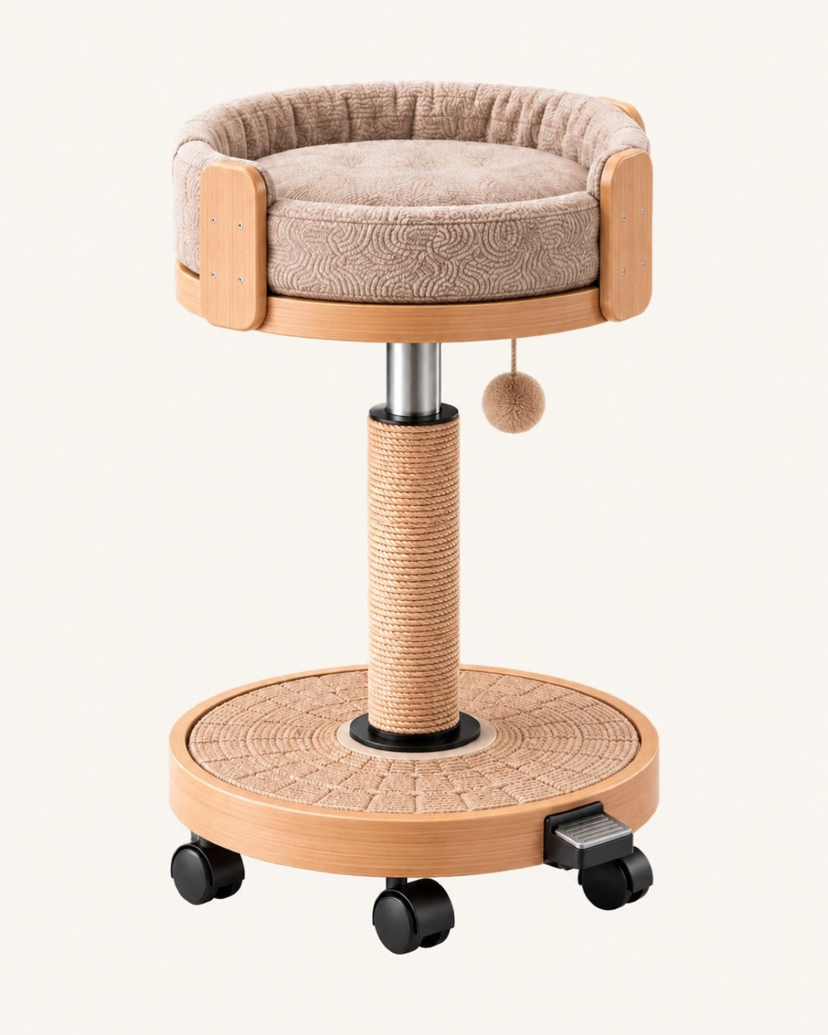 Current Kufucat concept with a raised cat bed, adjustable center post, rolling base, one pedal, and one hanging toy.