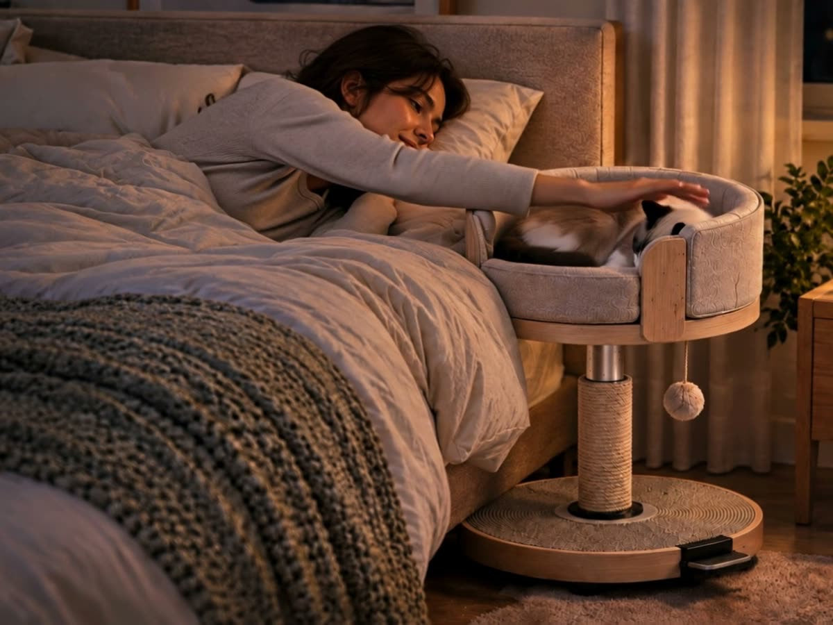A cat rests in the current Kufucat concept beside a person in bed.